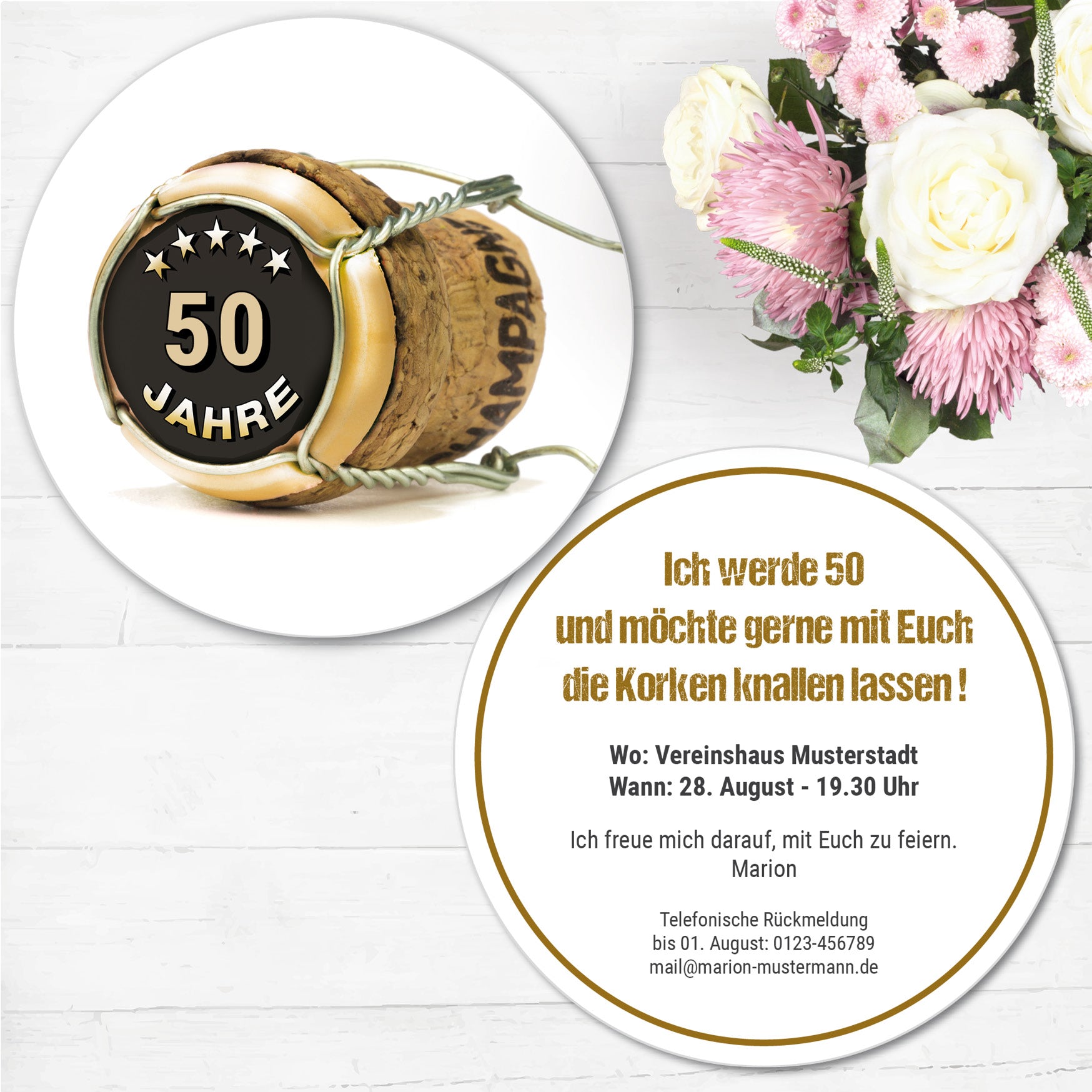 Bierdeckel Einladung zum 50. Geburtstag: Champagner Korken